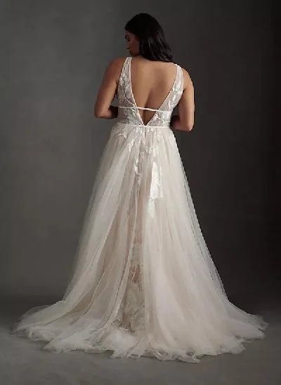 A-Line V-Neck Vintage Backless Tulle Wedding Dresses With Appliques Lace