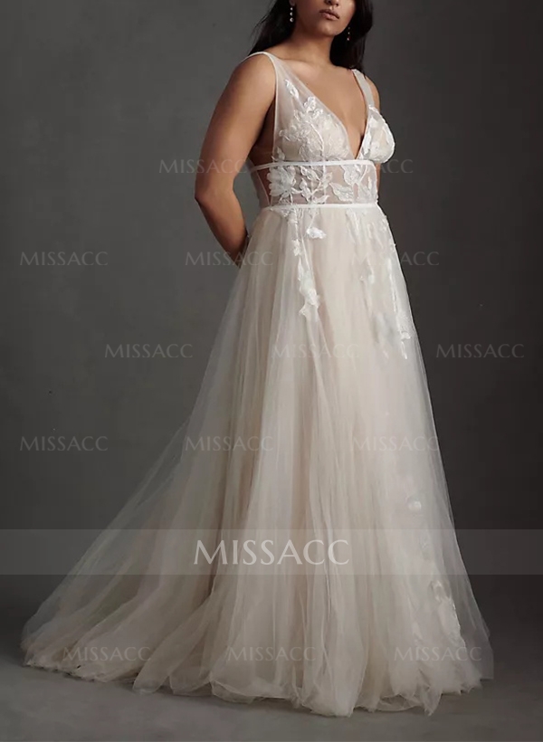 A-Line V-neck Vintage Backless Tulle Wedding Dresses With Appliques Lace