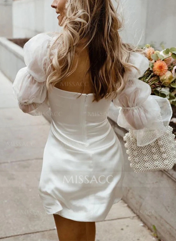 A-Line Square Neckline Little White Silk Like Satin/Tulle Wedding Dresses With Long Sleeves