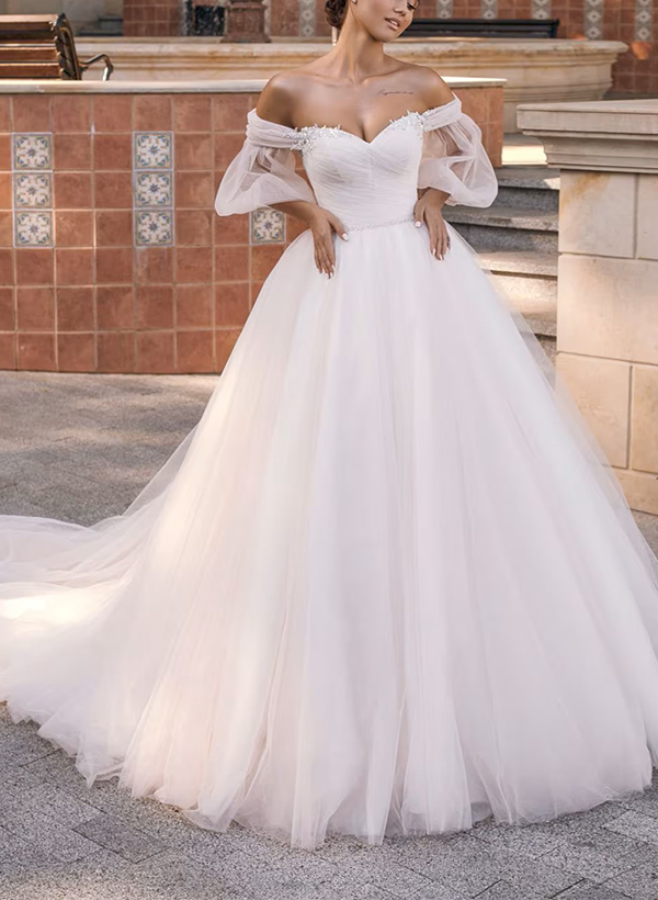 Ball-Gown Strapless Off-the-Shoulder Vintage Tulle Wedding Dresses