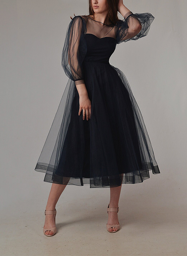 A-Line Illusion Neck Long Sleeves Tea-Length Black Tulle Wedding Dresses