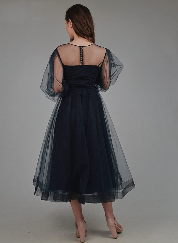 A-Line Illusion Neck Long Sleeves Tea-Length Black Tulle Wedding Dresses