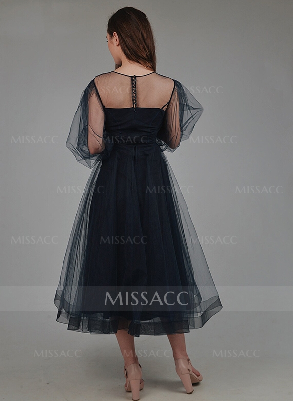 A-Line Illusion Neck Long Sleeves Tea-Length Black Tulle Wedding Dresses