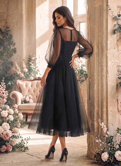 A-Line Illusion Neck Long Sleeves Tea-Length Black Tulle Wedding Dresses
