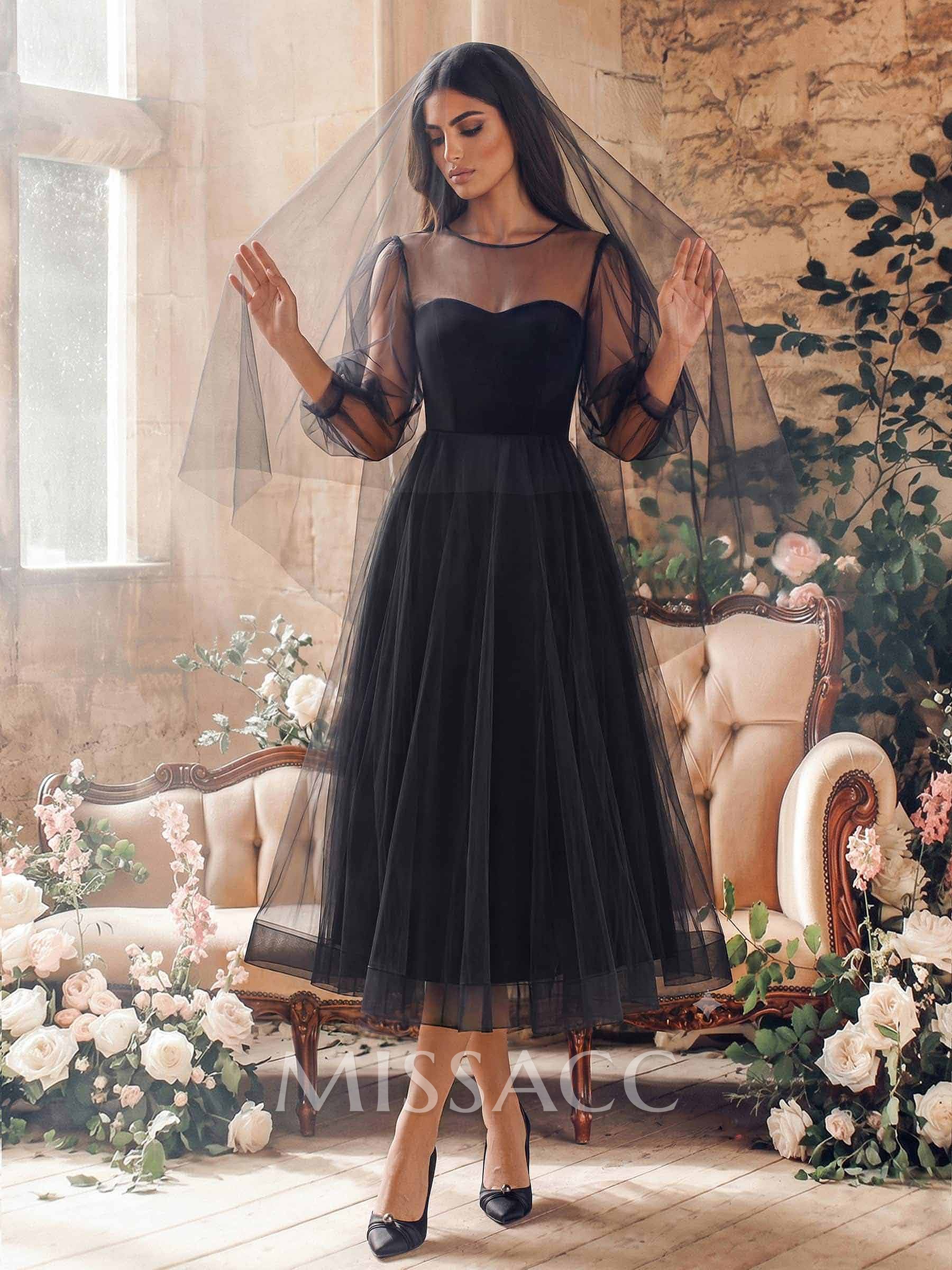 A-Line Illusion Neck Long Sleeves Tea-Length Black Tulle Wedding Dresses
