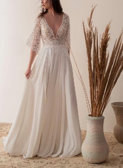 A-Line V-Neck Sheer Lace Sleeves Tulle Wedding Dresses With Appliques Lace