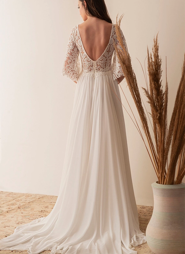 A-Line V-Neck Sheer Lace Sleeves Tulle Wedding Dresses With Appliques Lace