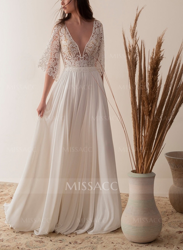 A-Line V-Neck Sheer Lace Sleeves Tulle Wedding Dresses With Appliques Lace