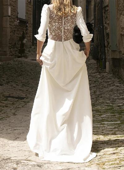 A-Line V-neck 3/4 Sleeves Elegant Satin Wedding Dresses With Appliques Lace