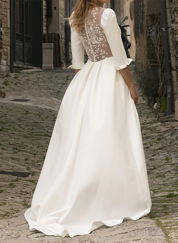 A-Line V-neck 3/4 Sleeves Elegant Satin Wedding Dresses With Appliques Lace