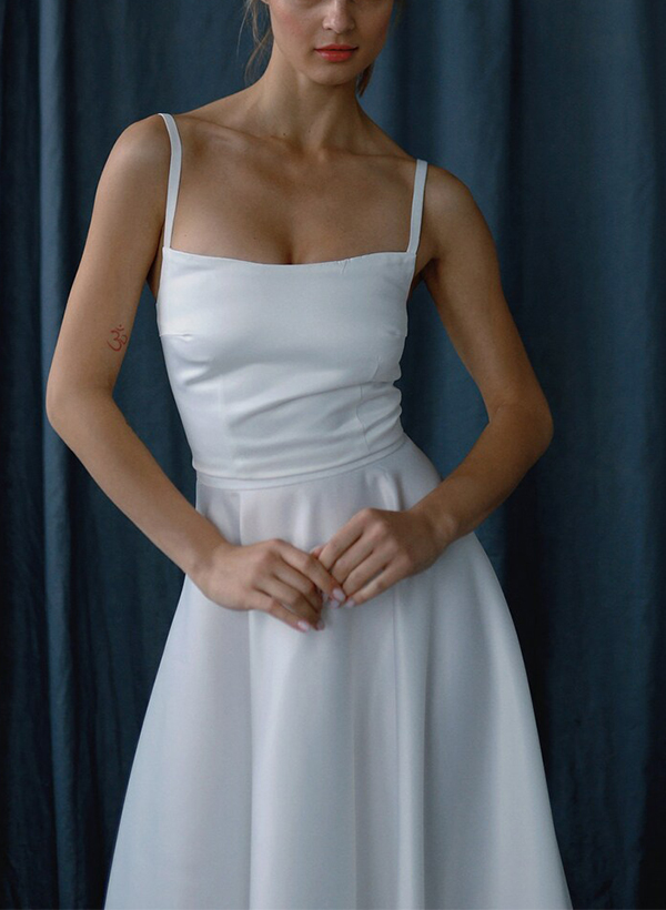 A-Line Square Neckline Sweet Little White Satin Wedding Dresses