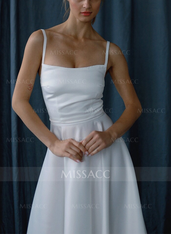 A-Line Square Neckline Sweet Little White Satin Wedding Dresses