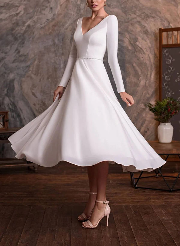 A-Line V-Neck Little White Satin Wedding Dresses With Beading Long Sleeves