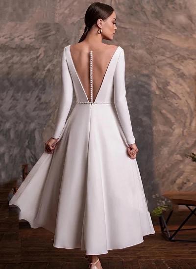 A-Line V-Neck Little White Satin Wedding Dresses With Beading Long Sleeves