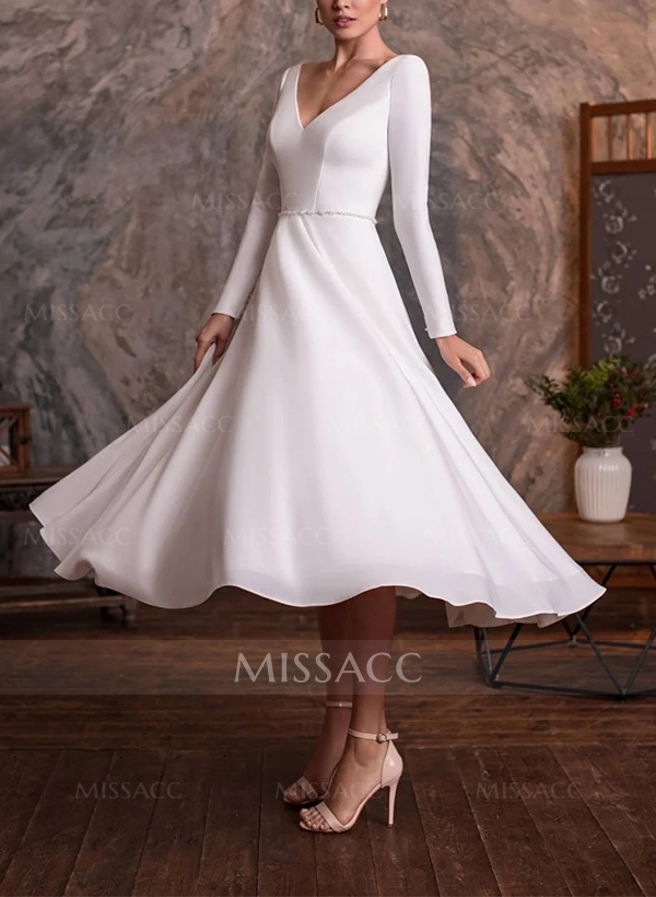 A-Line V-Neck Little White Satin Wedding Dresses With Beading Long Sleeves