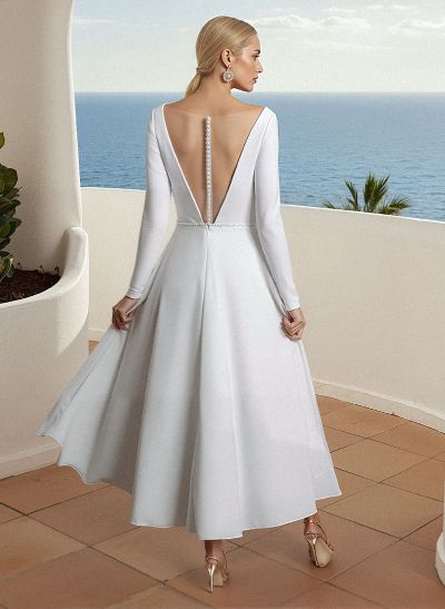 A-Line V-Neck Little White Satin Wedding Dresses With Beading Long Sleeves