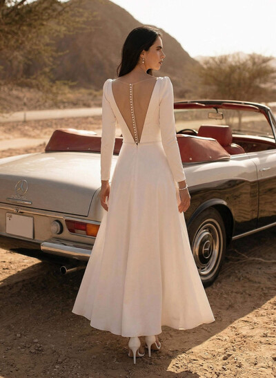 A-Line V-Neck Little White Satin Wedding Dresses With Beading Long Sleeves