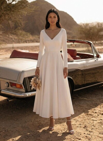 A-Line V-Neck Little White Satin Wedding Dresses With Beading Long Sleeves