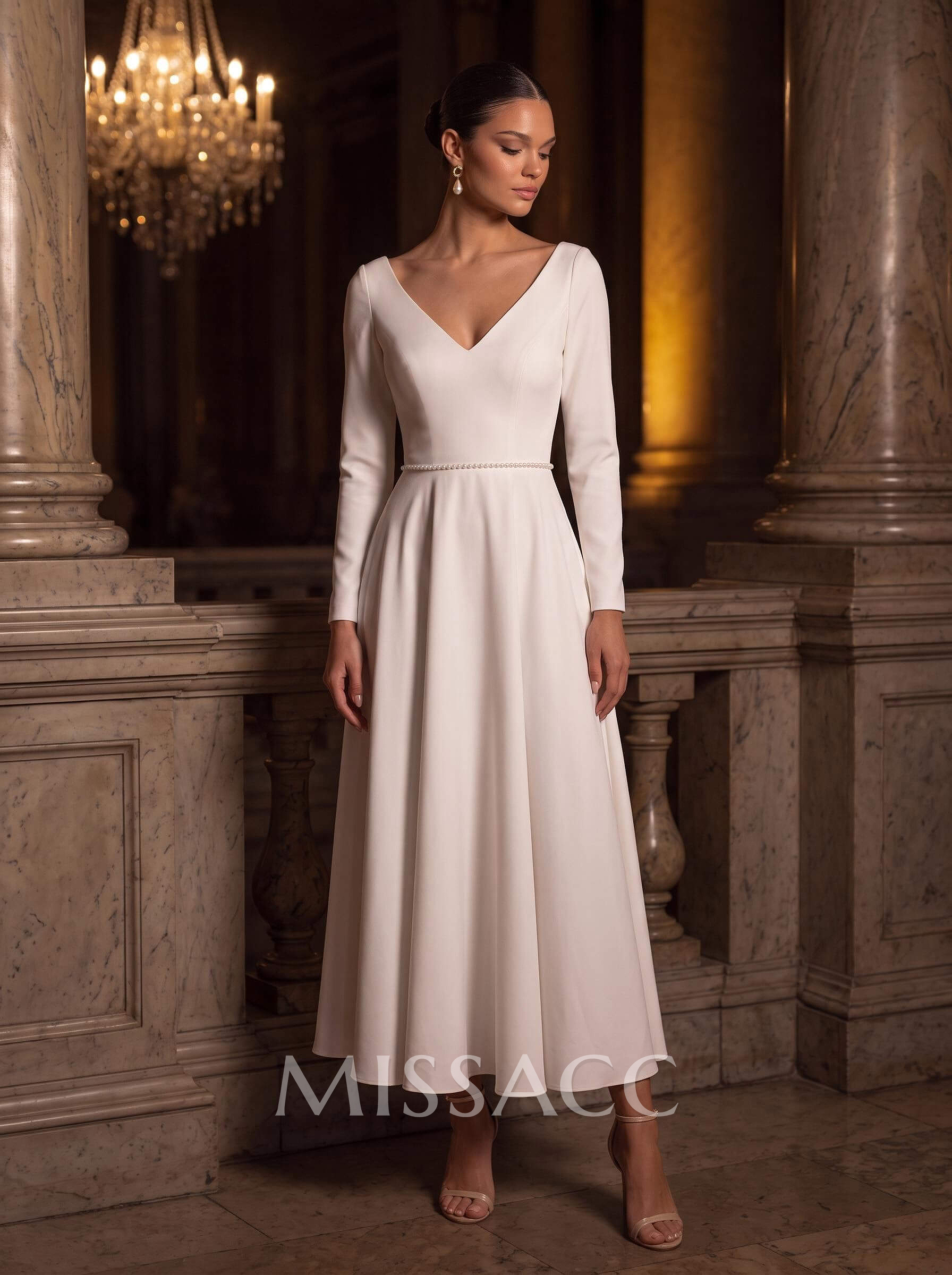 A-Line V-Neck Little White Satin Wedding Dresses With Beading Long Sleeves A-Line V-Neck Little White Satin Wedding Dresses With Beading Long Sleeves