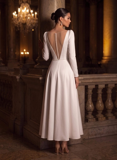 A-Line V-Neck Little White Satin Wedding Dresses With Beading Long Sleeves