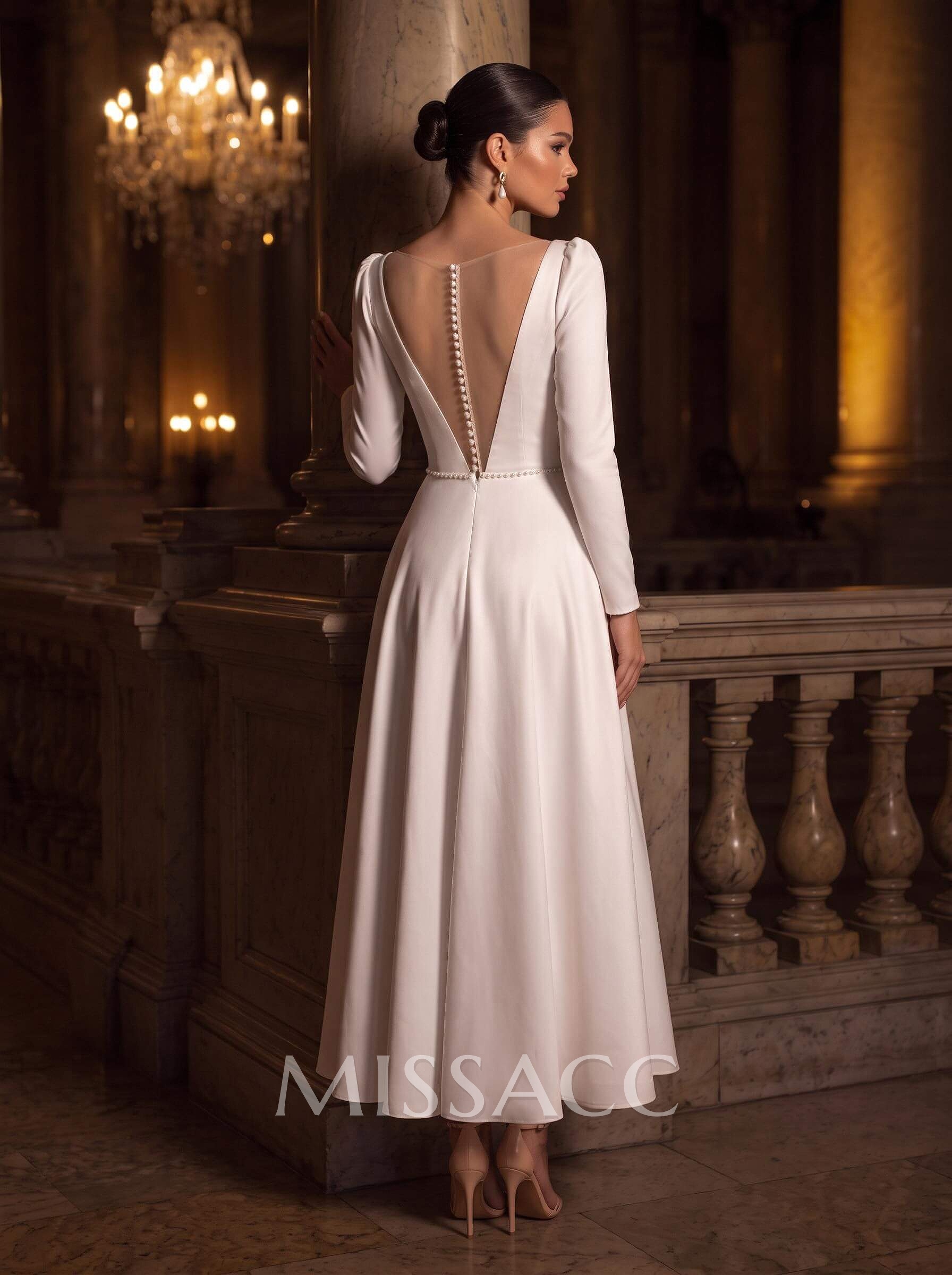 A-Line V-Neck Little White Satin Wedding Dresses With Beading Long Sleeves A-Line V-Neck Little White Satin Wedding Dresses With Beading Long Sleeves