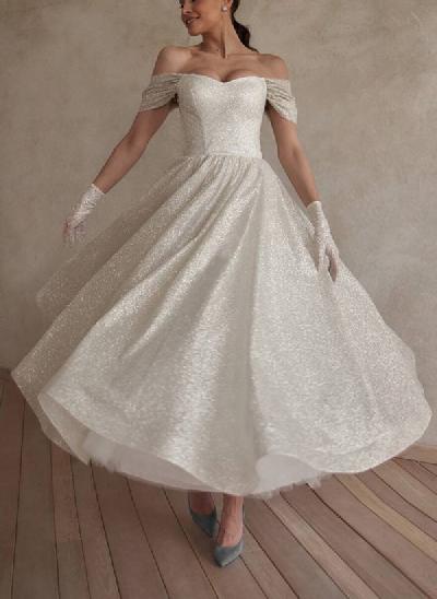 A-Line Off-The-Shoulder Ankle-Length Vintage Sequined Wedding Dresses
