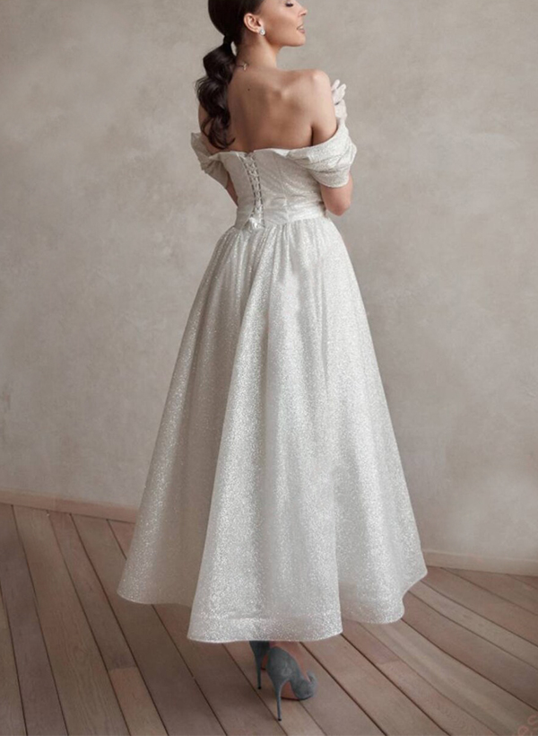 A-Line Off-The-Shoulder Ankle-Length Vintage Sequined Wedding Dresses