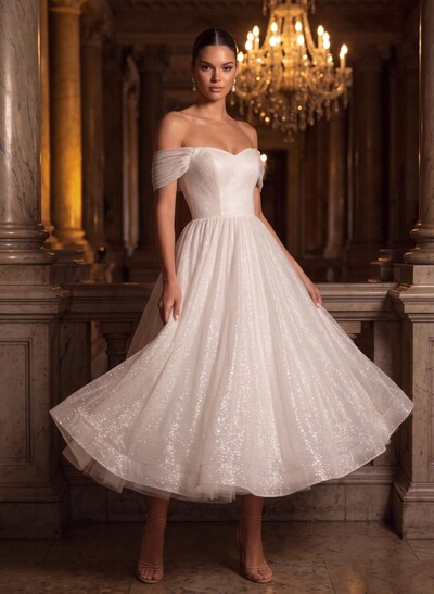 A-Line Off-The-Shoulder Ankle-Length Vintage Sequined Wedding Dresses