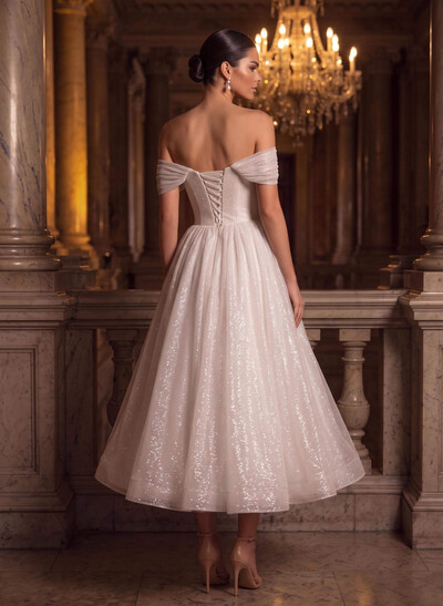 A-Line Off-The-Shoulder Ankle-Length Vintage Sequined Wedding Dresses