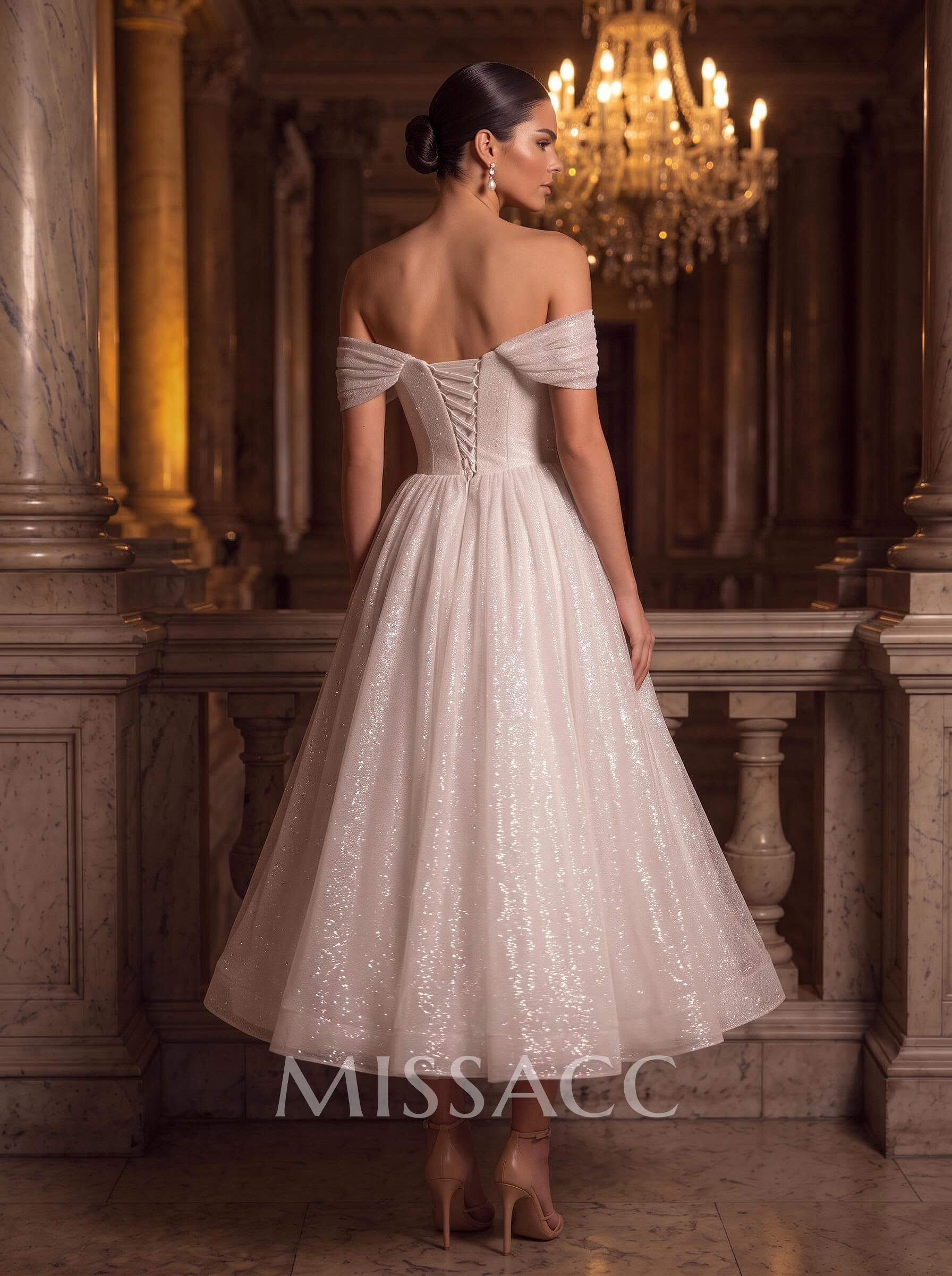 A-Line Off-The-Shoulder Ankle-Length Vintage Sequined Wedding Dresses