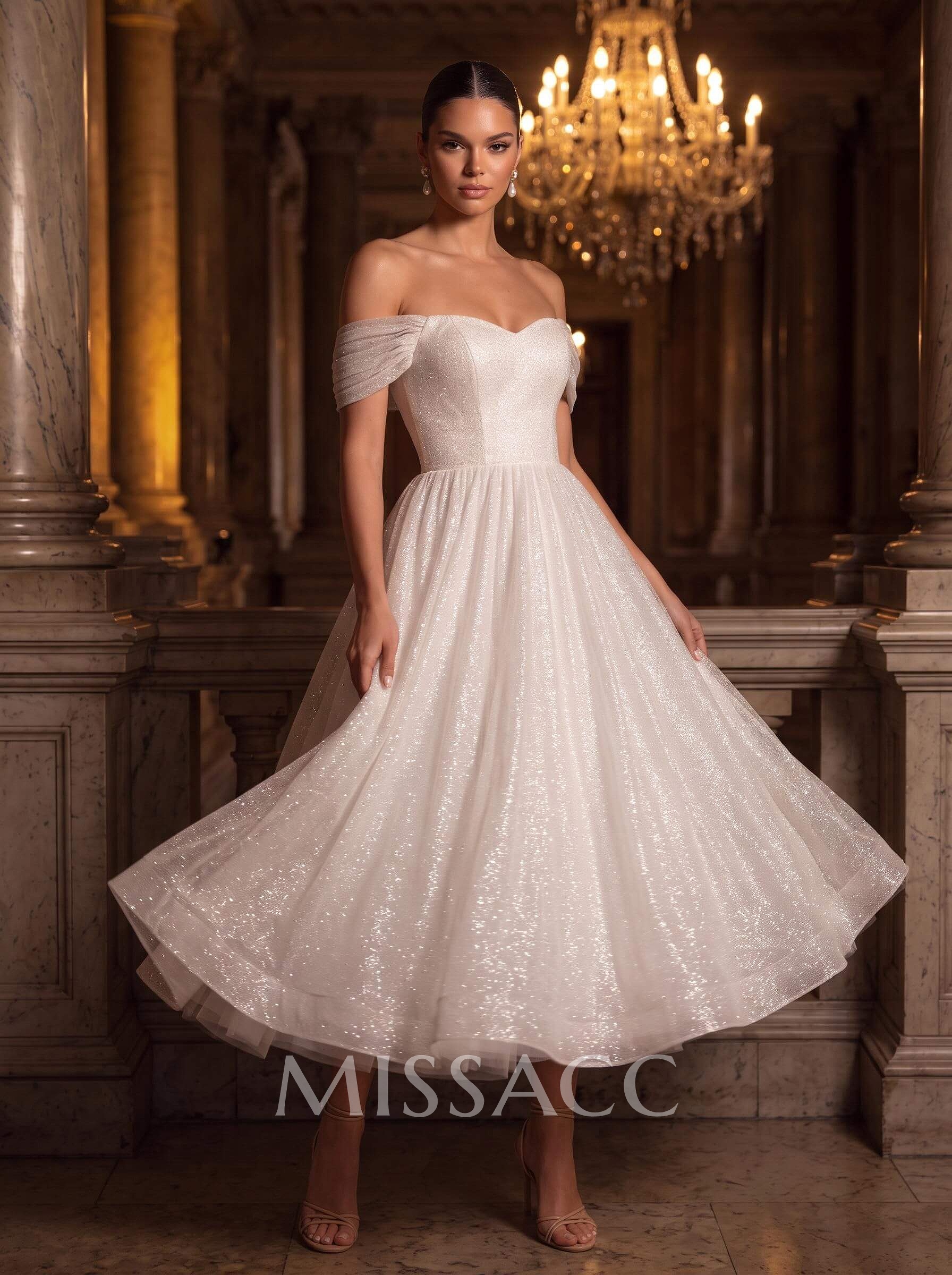 A-Line Off-The-Shoulder Ankle-Length Vintage Sequined Wedding Dresses