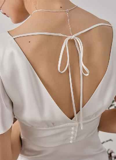 A-Line V-neck Short Sleeves Silk like Satin Elegant Wedding Dresses With Split Front