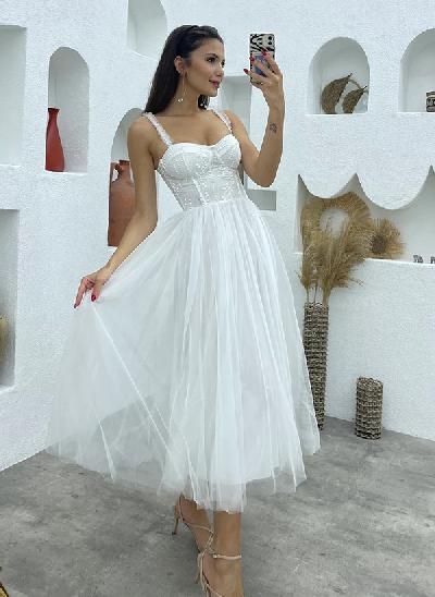 A-Line Sweetheart Little White Tulle Wedding Dresses With Beading