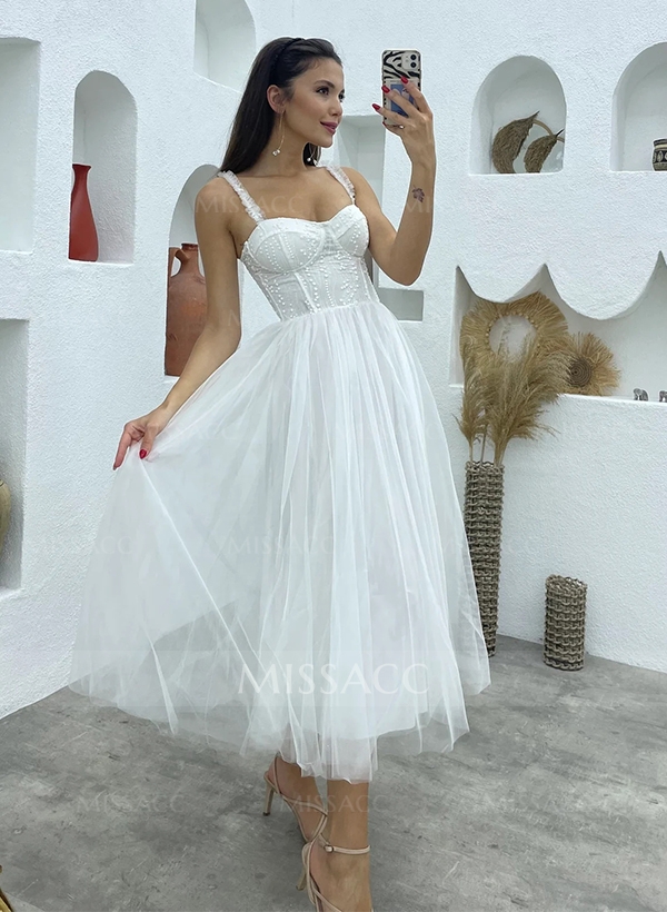 A-Line Sweetheart Little White Tulle Wedding Dresses With Beading