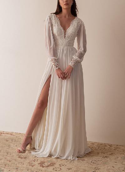 A-Line V-Neck Long Sleeves Vintage Lace/Tulle Wedding Dresses With Split Front