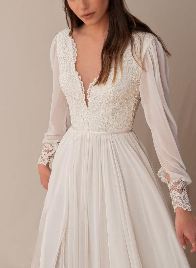 A-Line V-Neck Long Sleeves Vintage Lace/Tulle Wedding Dresses With Split Front