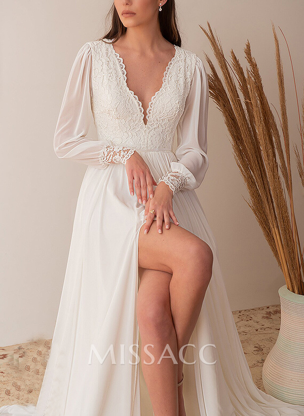 A-Line V-Neck Long Sleeves Vintage Lace/Tulle Wedding Dresses With Split Front