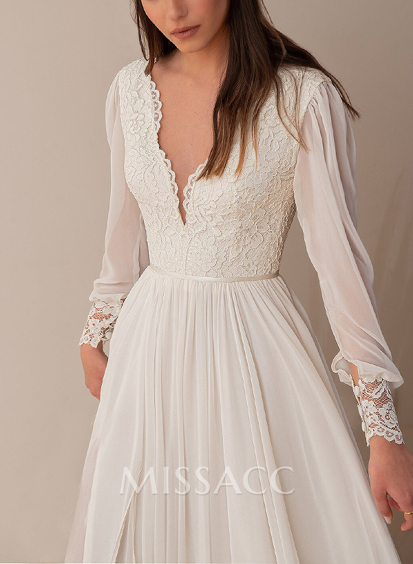 A-Line V-Neck Long Sleeves Vintage Lace/Tulle Wedding Dresses With Split Front