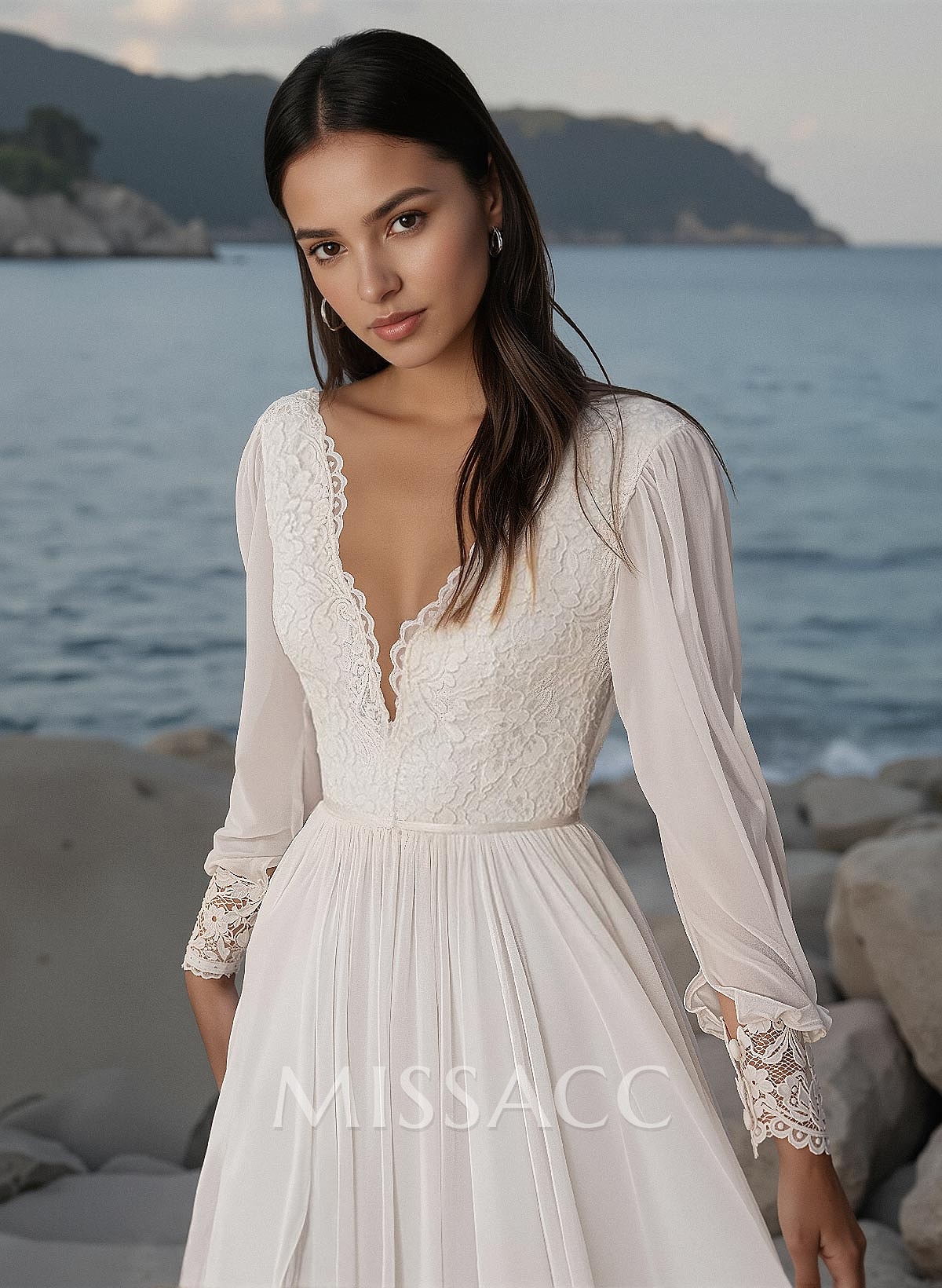 A-Line V-Neck Long Sleeves Vintage Lace/Tulle Wedding Dresses With Split Front