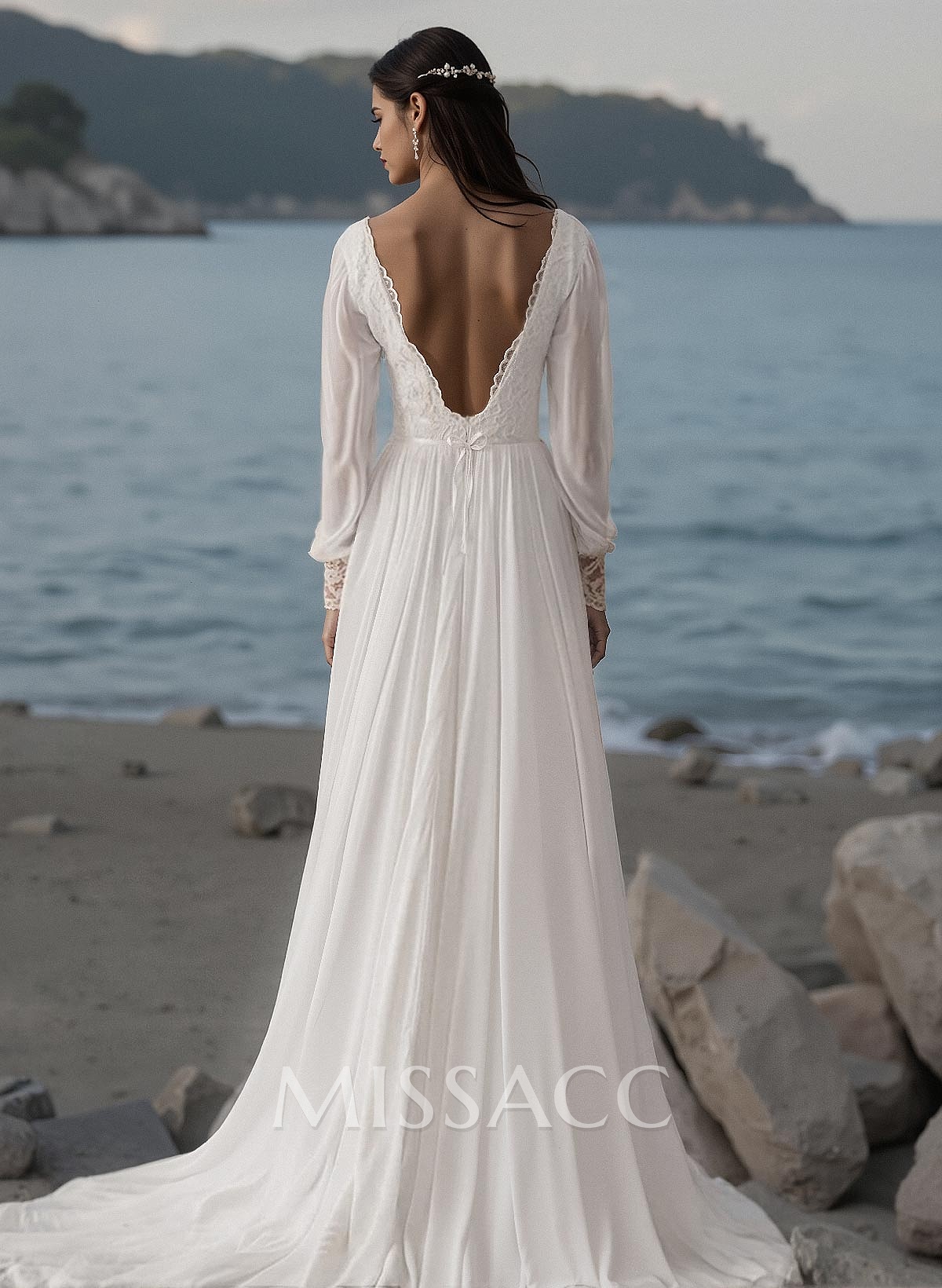 A-Line V-Neck Long Sleeves Vintage Lace/Tulle Wedding Dresses With Split Front