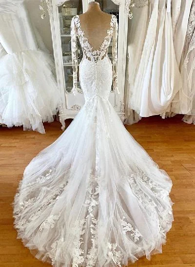 Trumpet/Mermaid V-Neck Sheer Lace Sleeves Elegant Lace/Tulle Wedding Dresses