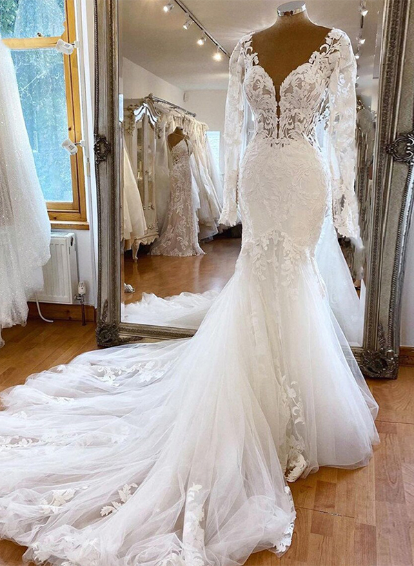Trumpet/Mermaid V-Neck Sheer Lace Sleeves Elegant Lace/Tulle Wedding Dresses