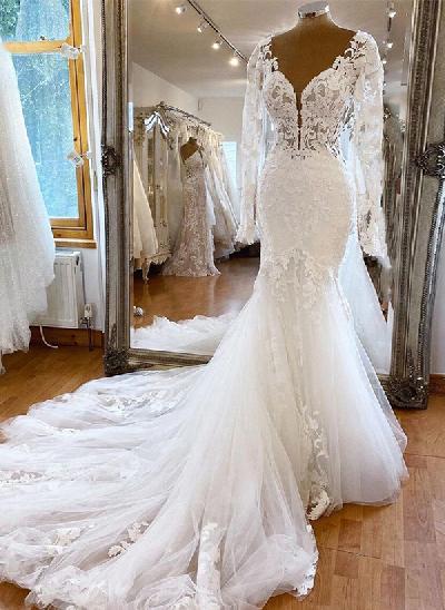 Trumpet/Mermaid V-Neck Sheer Lace Sleeves Elegant Lace/Tulle Wedding Dresses