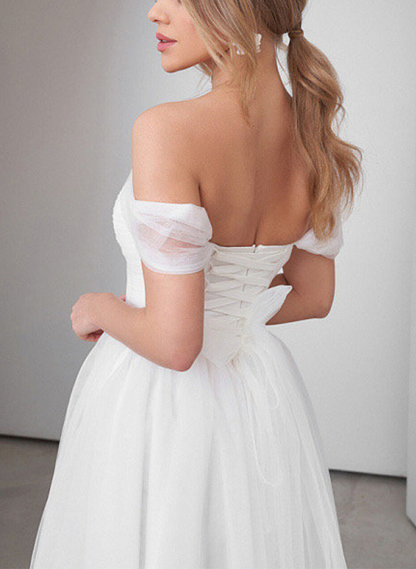 Sweet A-Line Off-The-Shoulder Little White Tulle Wedding Dresses