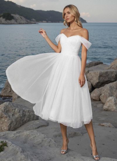 Sweet A-Line Off-The-Shoulder Little White Tulle Wedding Dresses