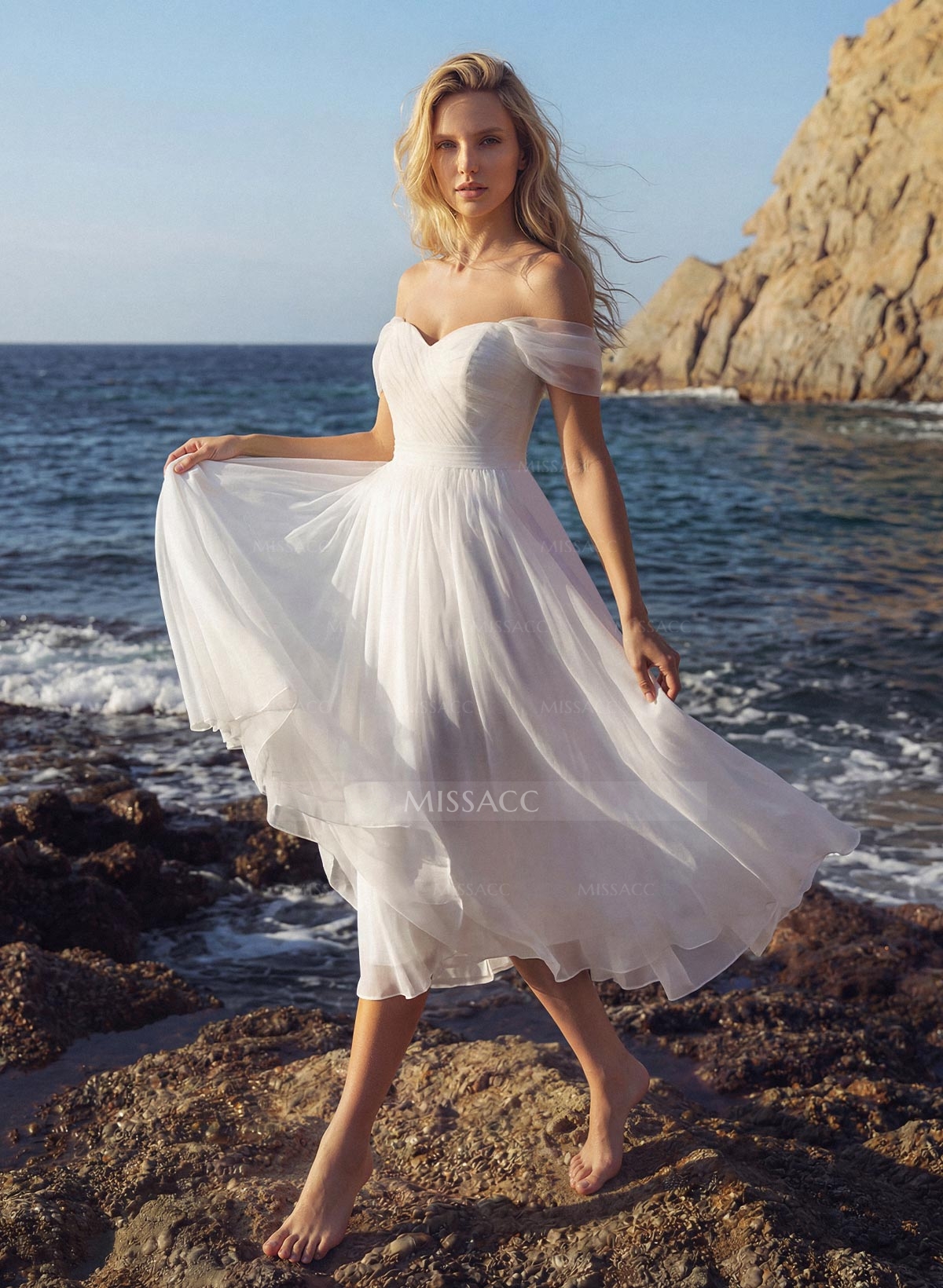 Sweet A-Line Off-The-Shoulder Little White Tulle Wedding Dresses
