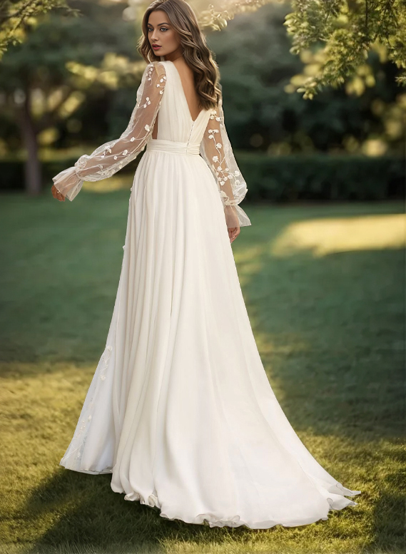 A-Line V-Neck Sheer Lace Sleeves Lace/Tulle Wedding Dresses With Split Front
