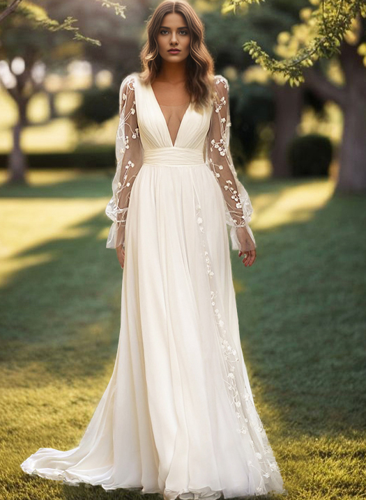 A-Line V-Neck Sheer Lace Sleeves Lace/Tulle Wedding Dresses With Split Front