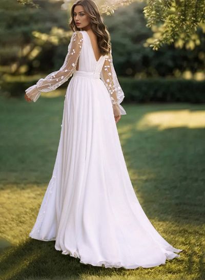 A-Line V-Neck Sheer Lace Sleeves Lace/Tulle Wedding Dresses With Split Front