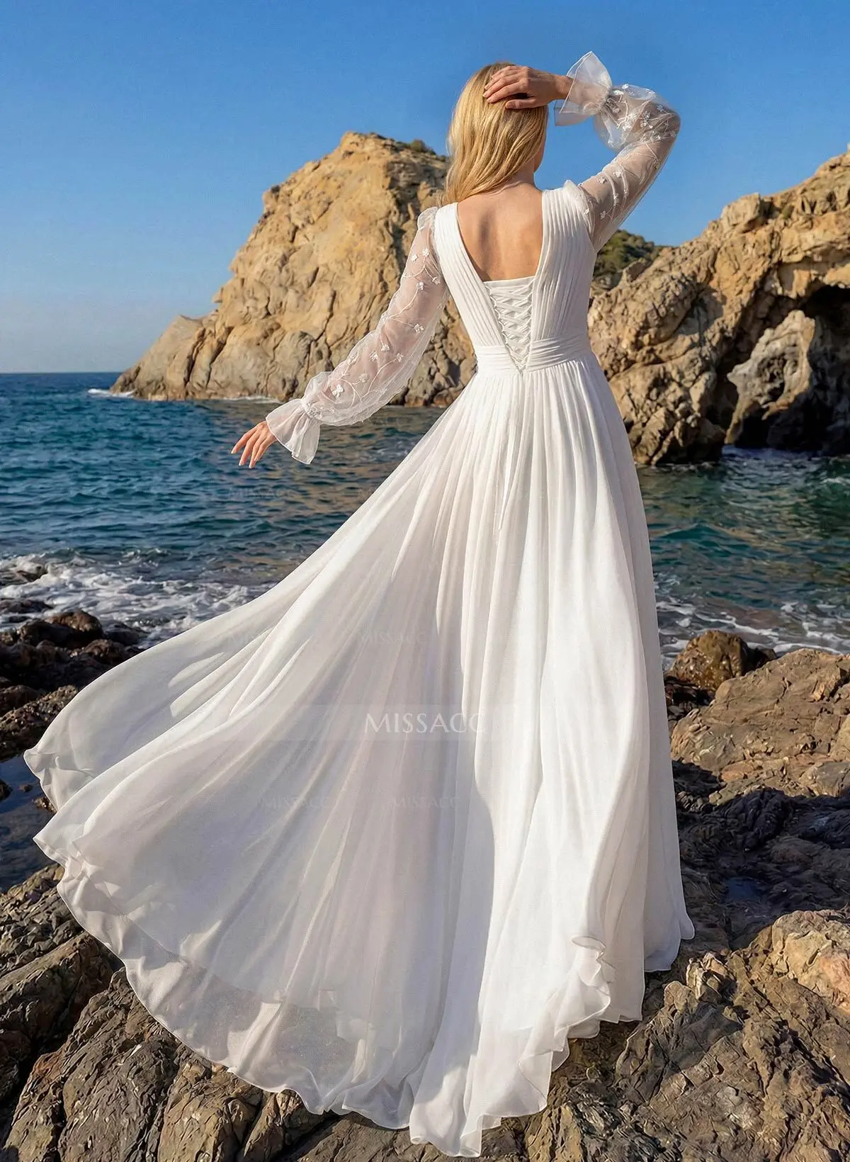 A-Line V-Neck Sheer Lace Sleeves Lace/Tulle Wedding Dresses With Split Front - Missacc A-Line V-Neck Sheer Lace Sleeves Lace/Tulle Wedding Dresses With Split Front - Missacc